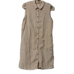 H by Halston 100% Linen Dress Medium Beige Sleeveless Button Front Tunic Safari